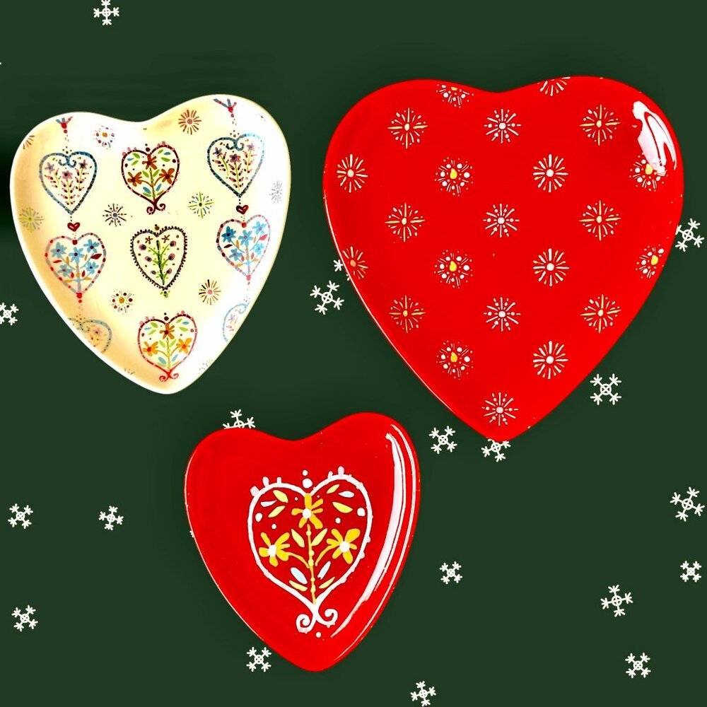 Department 56 Ceramic Trinket Dish Plate Heart Flowers Set of 3